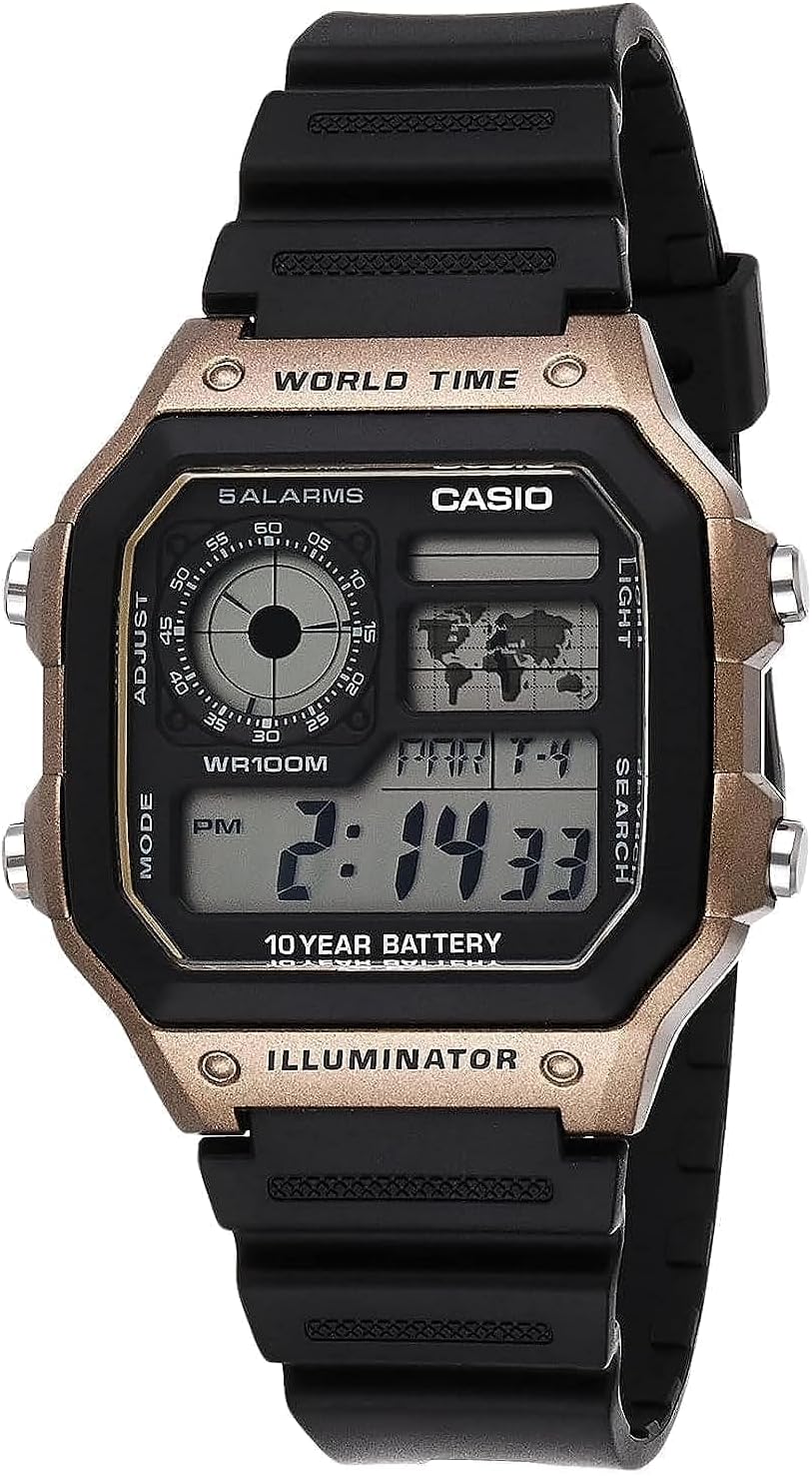 AE1200WH Series | Men’S Digital Watch | 100M WR | Multi Alarms | 100 SEC Stopwatch | Countdown Timer | World Map for World Time | LED Light | LC Analog Display | 10 Year Battery